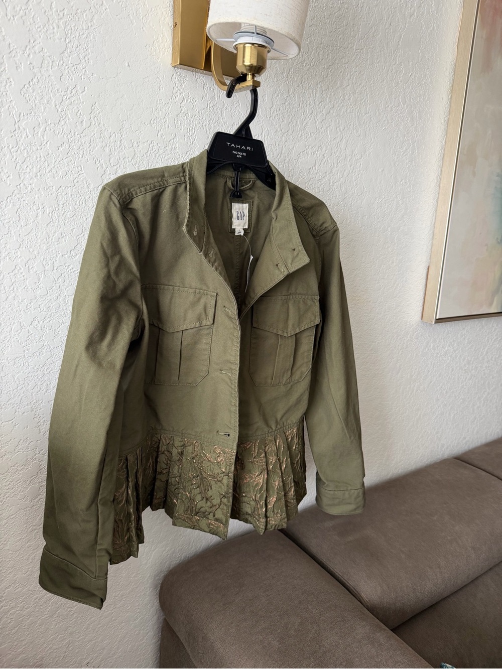 GAP Olive Green Utility Jacket with Embroidered Pleated Hem
